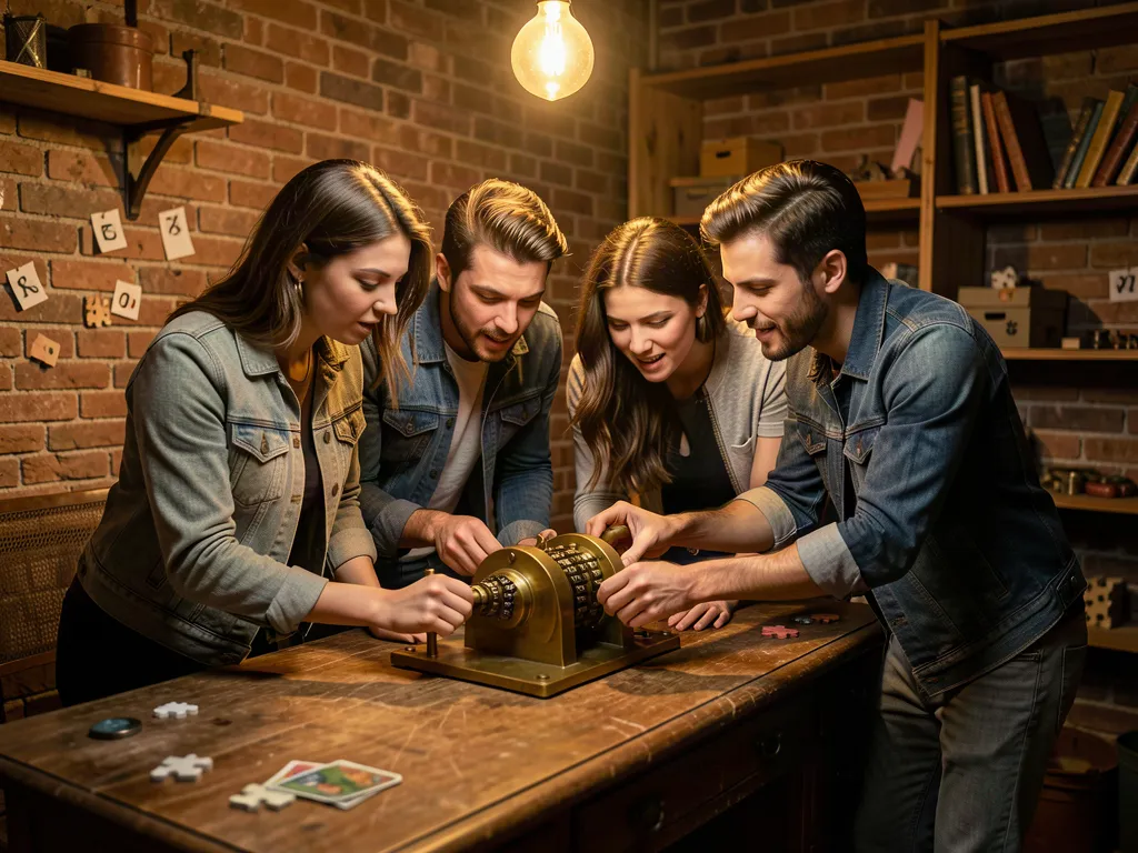 Friends collaborating to solve a puzzle in an atmospheric escape room with vintage props and mysterious lighting